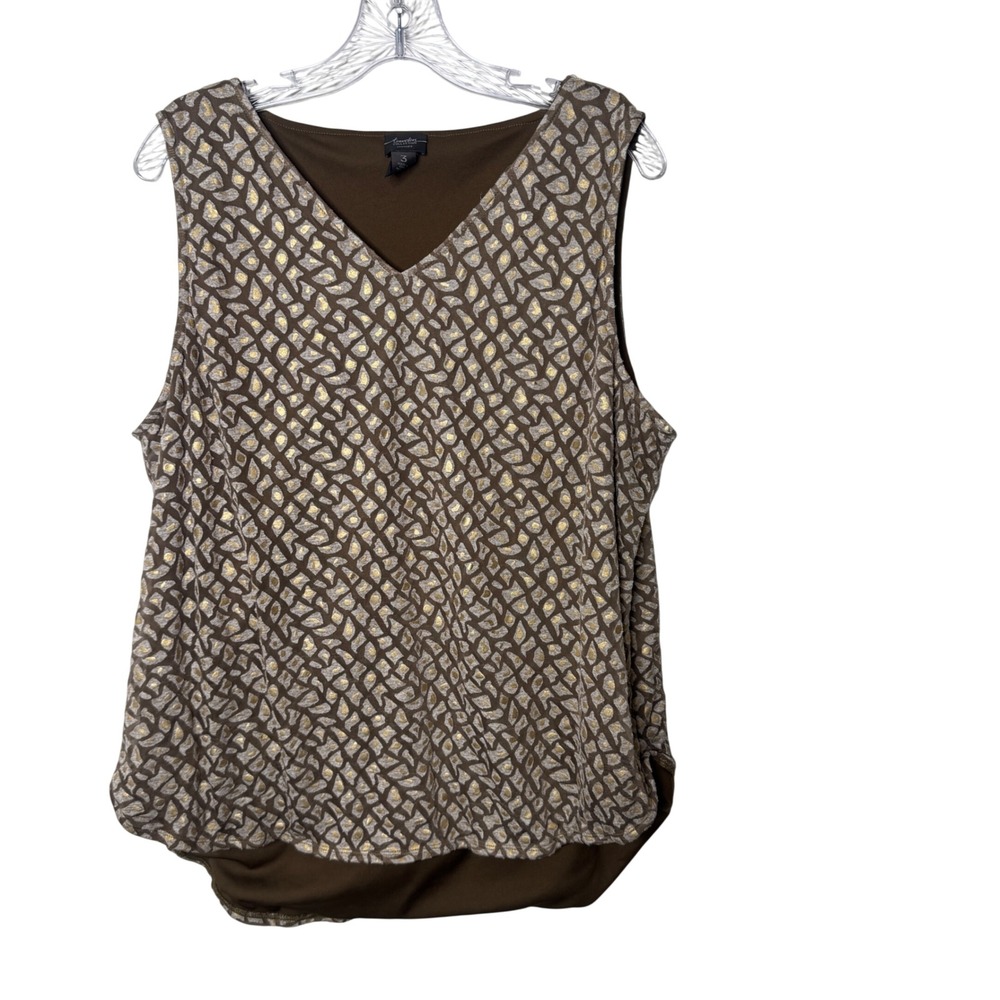 Chicos Travelers Collection Brown Mosaic Sleeveless V-Neck Blouse Tank Size 3